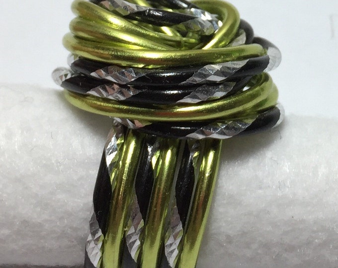 Green, Black, and Silver Statement Ring, Wire wrapped ring, Wire Rose Ring, Womens Statement Ring
