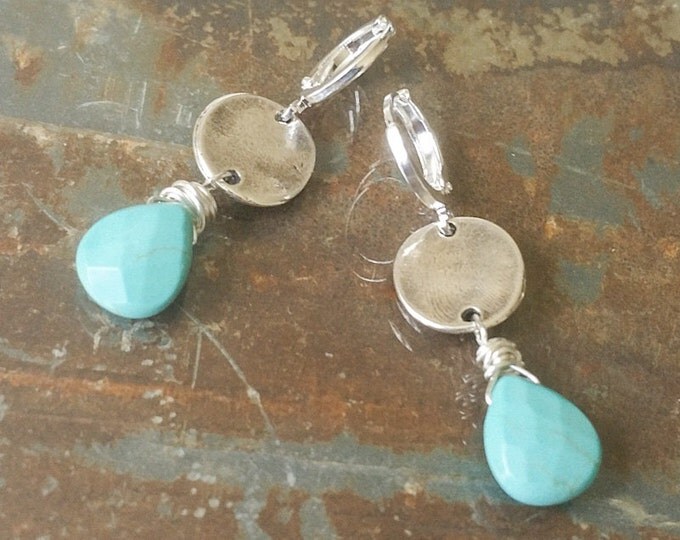 Turquoise Silver Disc Earrings, Turquoise Disc Earrings, Turquoise Earrings, Silver Disc Earrings, Silver Turquoise Earrings, Disc Earrings