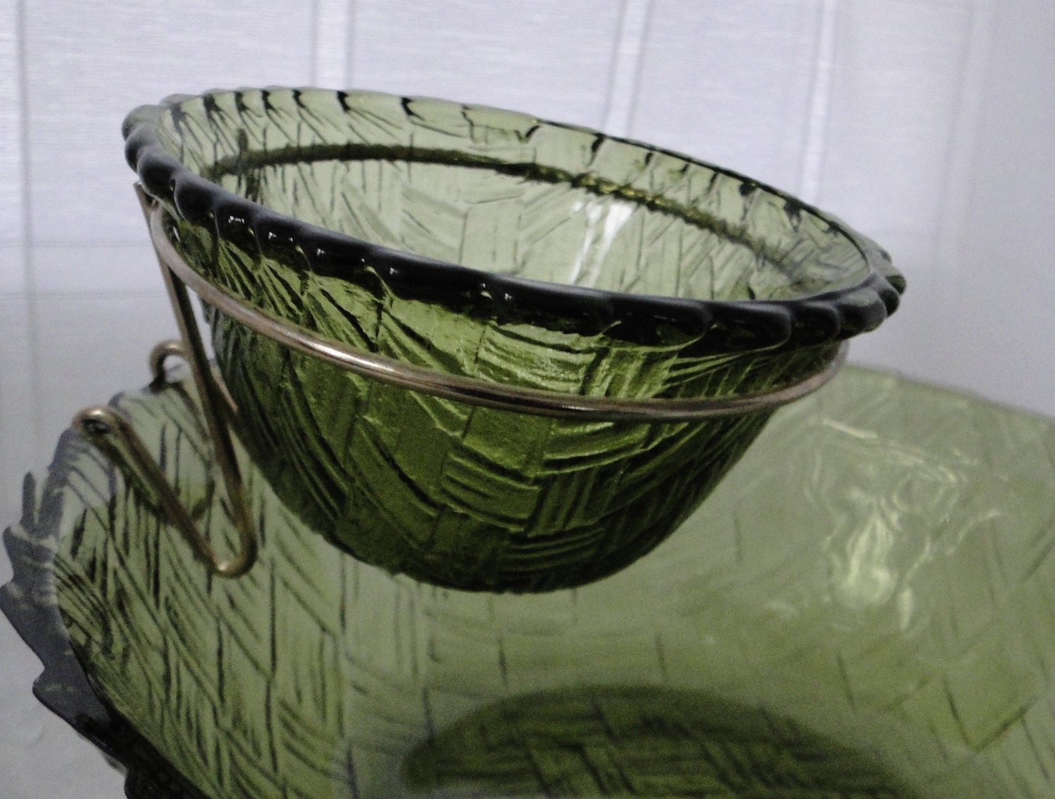 Vintage Basket Weave Green Glass Chip & Dip Bowl Set, Fruit and Dip