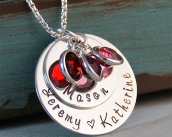 Hand Stamped Mommy Necklace- Sterling Silver Personalized Jewelry - My Family Medium Stack
