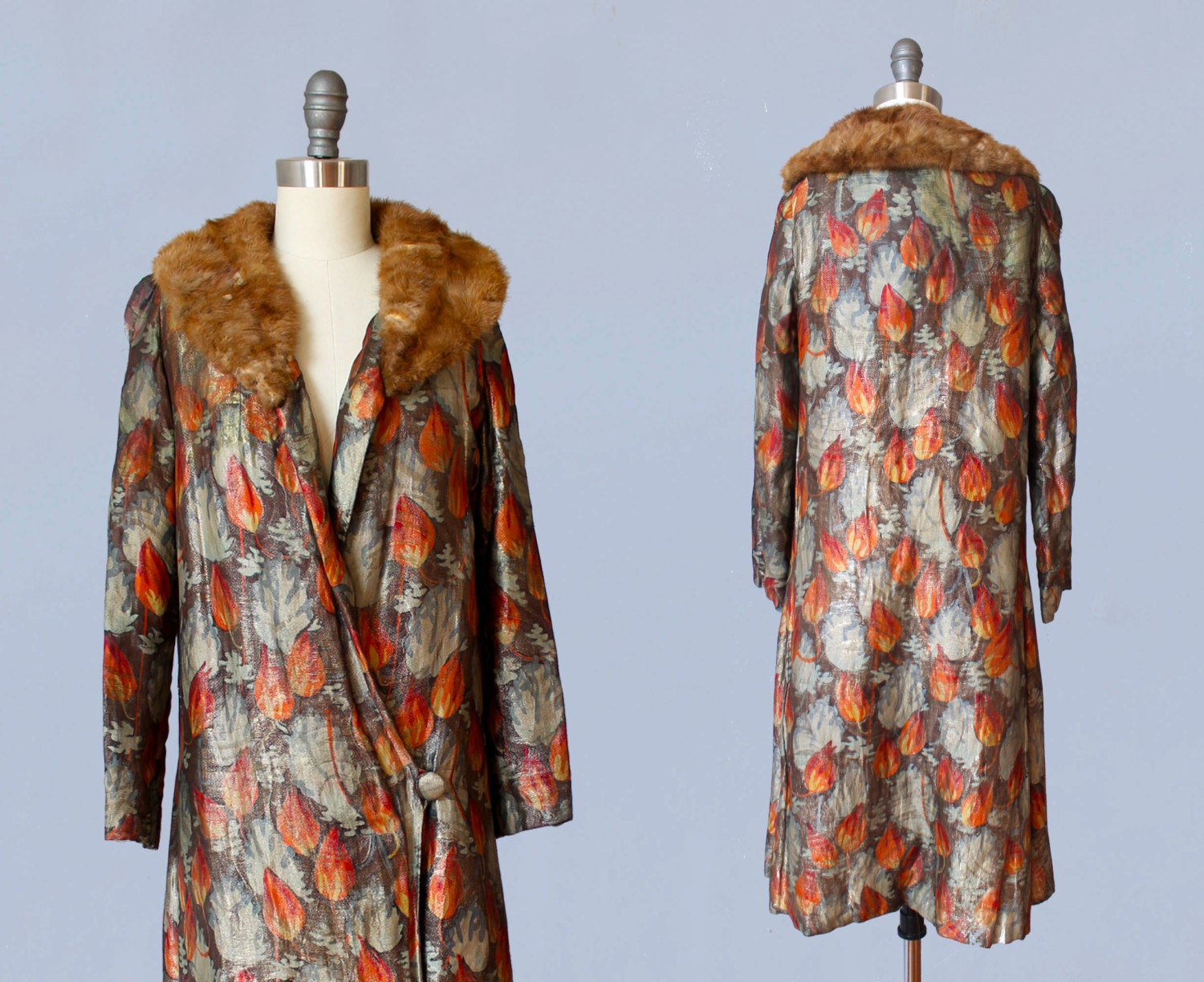 1920s Flapper Coat / 20s Metallic Lamé Cocoon Coat/ Fur