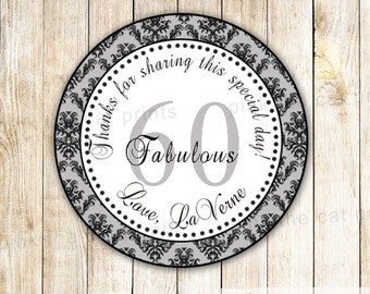 Grey Damask Birthday Thank You Tag - Printable Personalized Birthday Party Favor Vintage Party Thank You Tag Anniversary 60th Birthday Favor