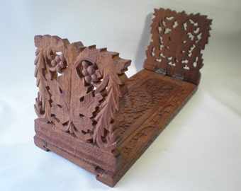 Beautifully Carved Folding Wood Book Rack Bookends