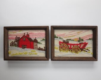 Vintage Crewel Embroidered Farm Scene Pair Red Barn and Hay Wagon