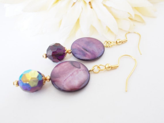 Items similar to Dark Purple Earrings, Mother of Pearl, Purple Shell ...