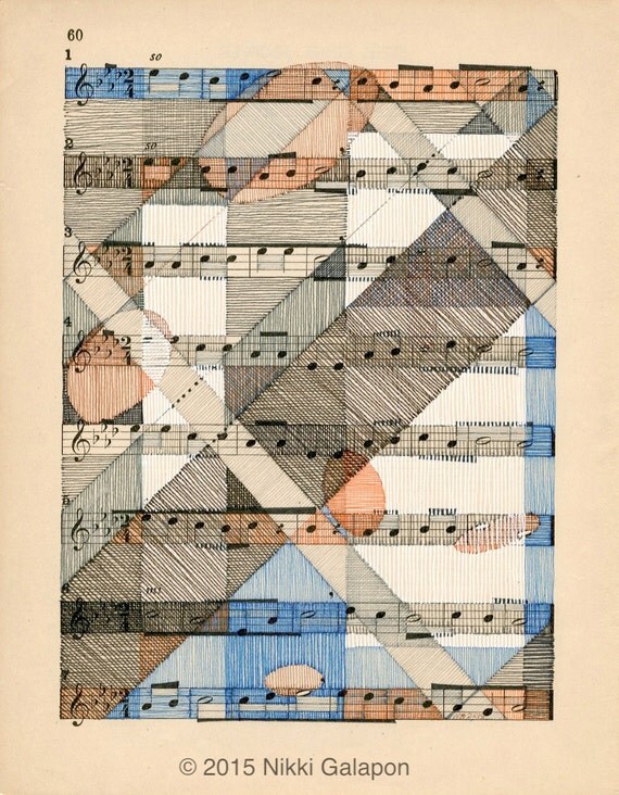 original art work on vintage sheet music geometric modern art