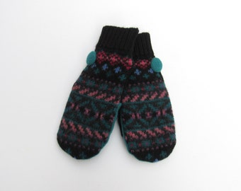 Wool Mittens Fleece Lined Fair Isle in Black and Jewel Tones Felted Wool Sweater Mittens