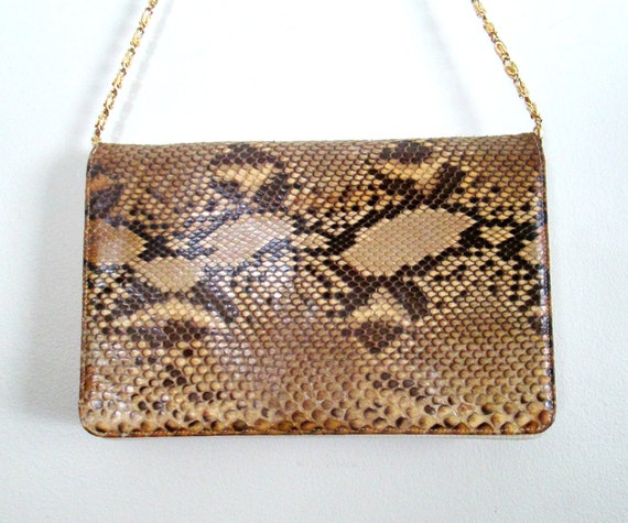 Brown Snakeskin Handbag Gold Chain Strap Convertible Shoulder