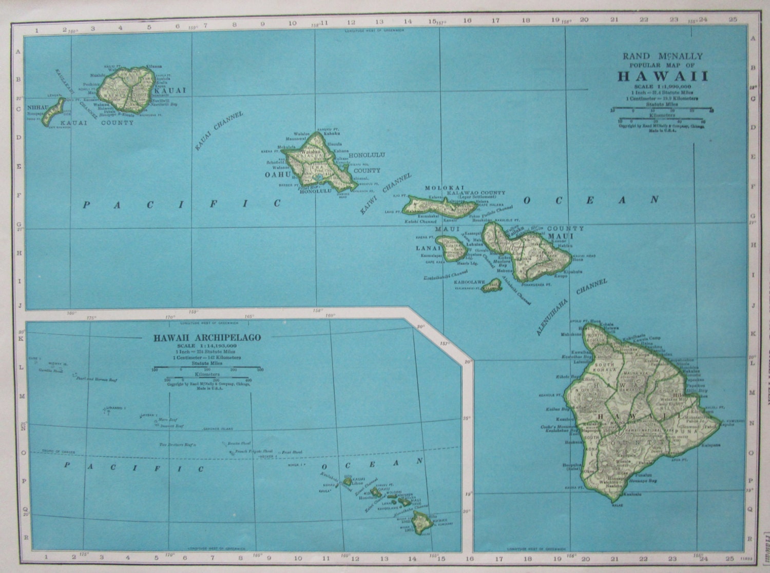 Vintage HAWAII Map. 1945 Vintage Original 1940s 40s. Stunning