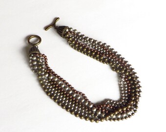 Metal Beaded Necklace 7 Strand Copper Brass Silver 1980s Necklace Retro Jewelry