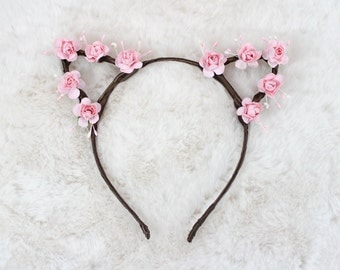 Pink Floral Crown Cat Ears - Flower Cat Headband - Cat Ears Headband - Kitty Ears - Halloween - Kitten play Ears - Petplay