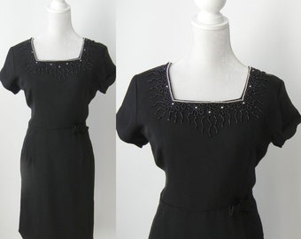 Vintage Dress, 1950s Black Dress, 50s Beaded Dress, Retro 50s Dress, Black Vintage Dress, Large 50s Dress, Large Vintage Dress, Short Sleeve