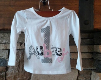 Girl, toddler, baby personalized birthday number / initial and name applique SHIRT, soft pink, gray, number and name sizes NB - 16