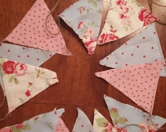 3m Rosali Fabric Bunting with Jute String 12 Double Faced Flags Pink/White/Blue wedding/Party/Fete/Baby Shower/Tea Rooms