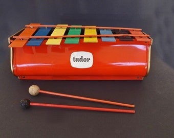 Antique 1950s Toy, Antique Vintage Tudor Xylophone Toy with Original Mallets, Tin Toy, Metal Toy, Toy Decor, Musical Toy, Music Decor