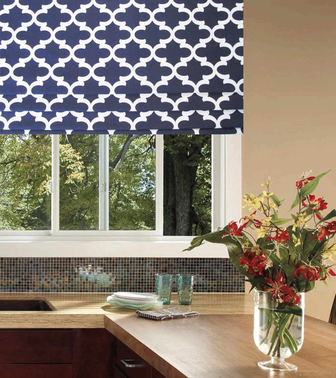 Custom Faux Roman Shade Fynn Navy Blue White Mock Valance
