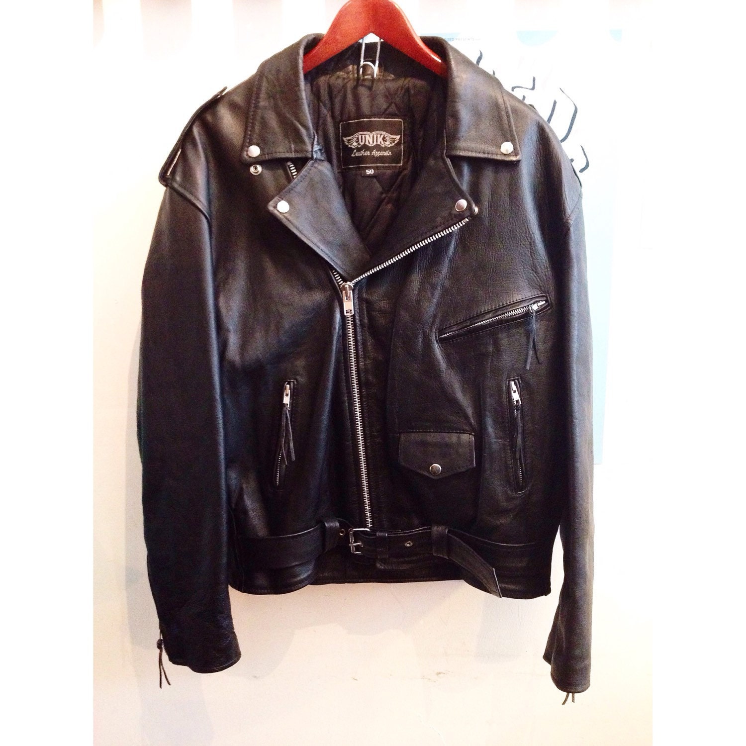 Men's 80's Unik Leather Motorcycle Jacket / Size by FrolicExchange