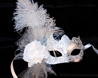 Silver Masquerade Mask - White Wedding Masquerade Mask - Costume Ball Mask - Venetian Mask - Party Mask - Feather Mask