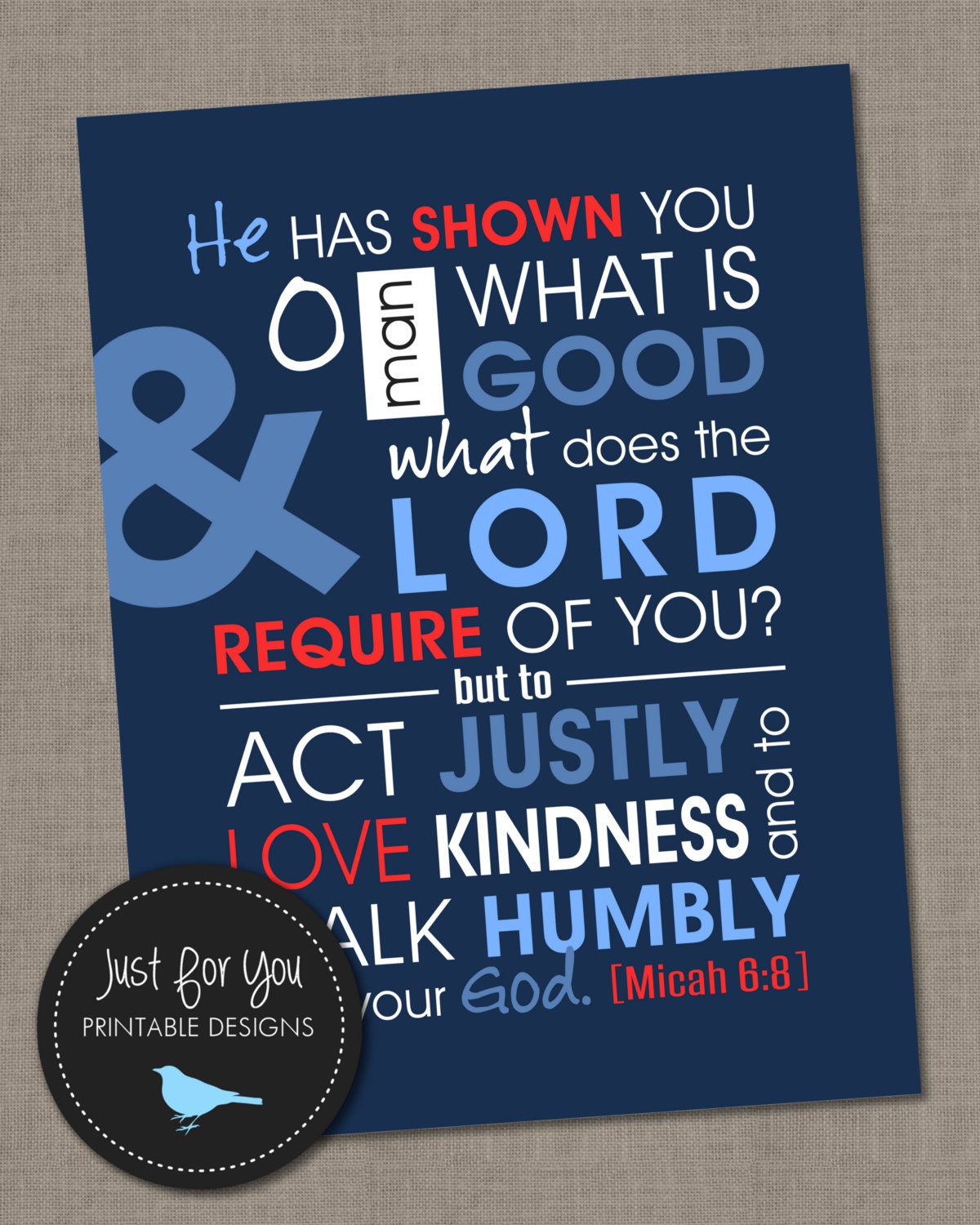Micah 6:8 Printable Scripture Wall Art Red White Blue