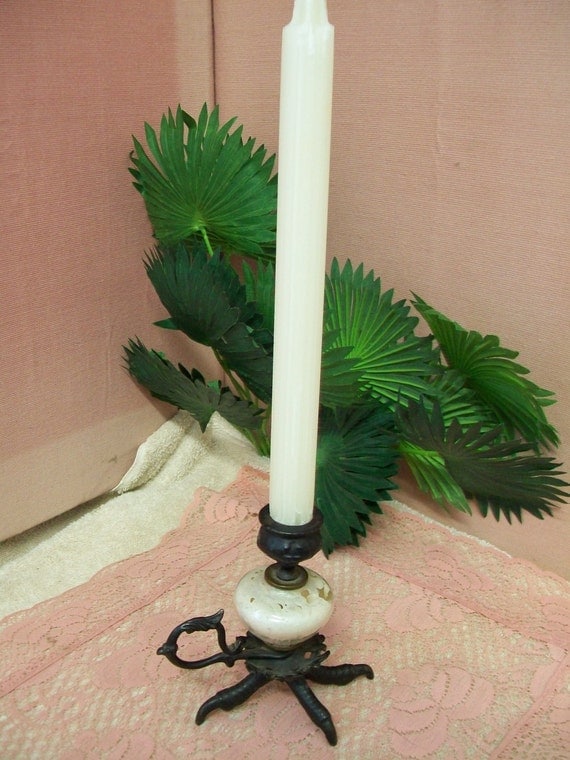 Antique Cast Iron & Glass Candle Holder
