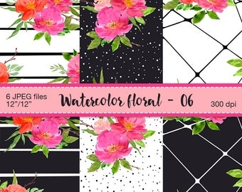 Watercolor floral digital papers - Digital Scrapbook Paper, Romantic flowers, Watercolor flowers, Floral Patterns, Digital Scrapbooking