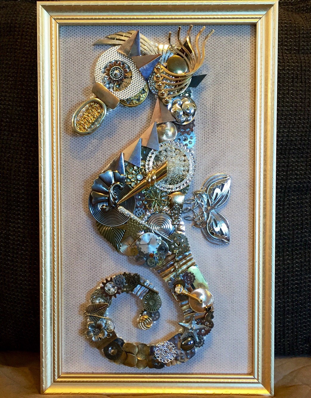 Beautiful Vintage Framed Jewelry Art Handmade Seahorse
