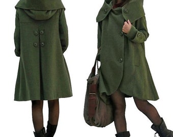 dark green cloak wool coat Hooded Cape women Winter wool coat