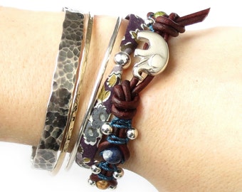 Elephant bracelet 'Gemstone Surprise', 21st birthday gift for women, handmade silver elephant button, custom made leather wrap hipster style