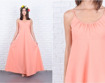 Vintage 70s Orange Maxi Dress A Line Sleeveless XS Boho Hippie 7596 vintage dress 70s dress orange dress maxi dress a line dress xs dress