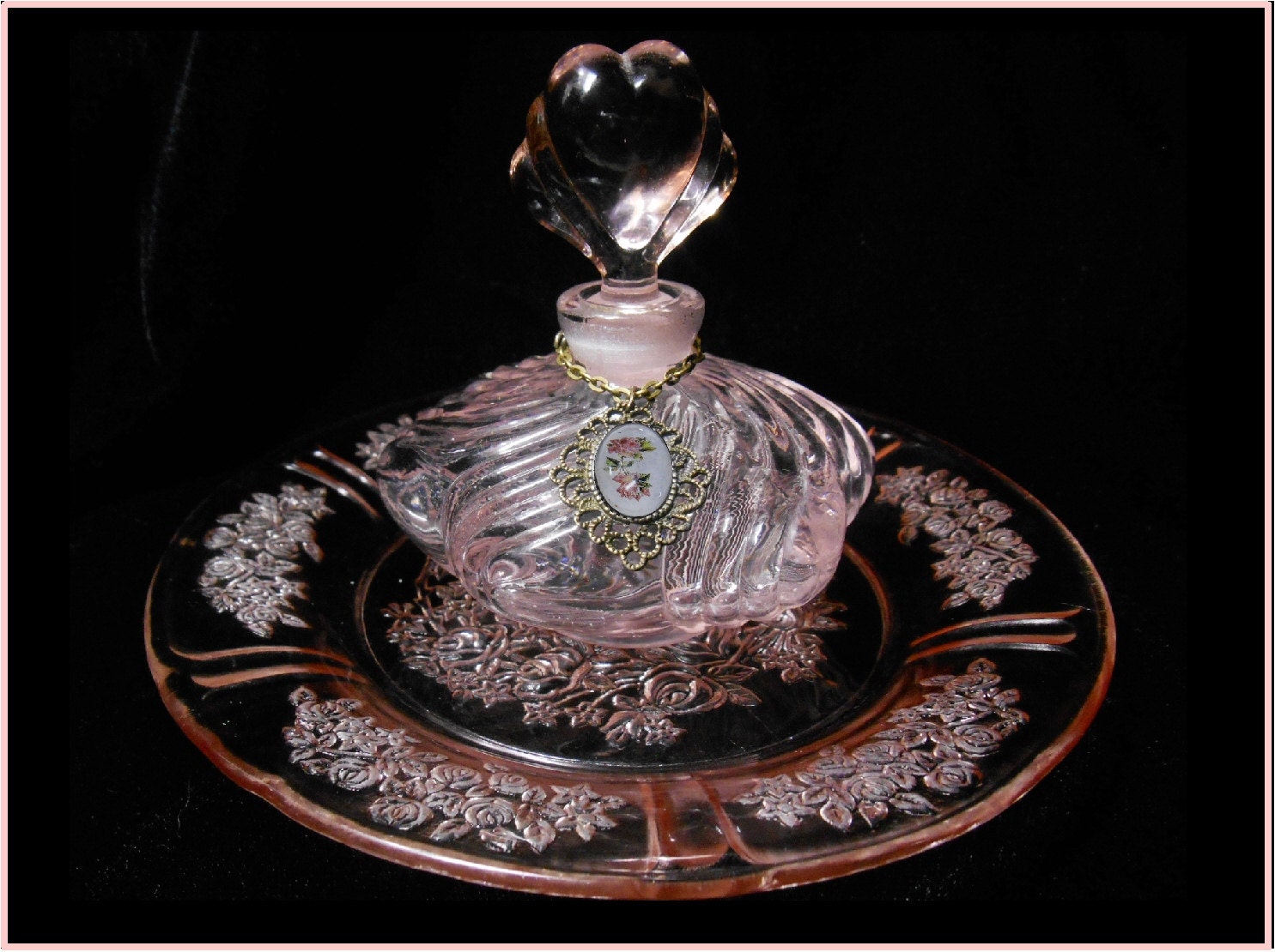 Vintage Pink Depression Glass Perfume Bottle and Tray