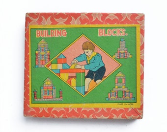 incomplete set of vintage wood childrens building blocks in box Japan from Elizabeth Rosen