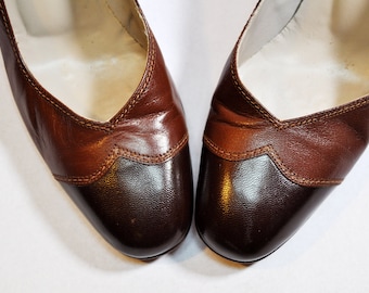 Vintage Two Tone Brown Leather Pumps Wingtip Shoes Retro Preppy Heels