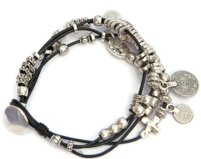 Leather multi strand leather bracelet, bohemian bracelet, gypsy jewelry, coin jewelry, women jewelry, women bracelet, leather charm bracelet