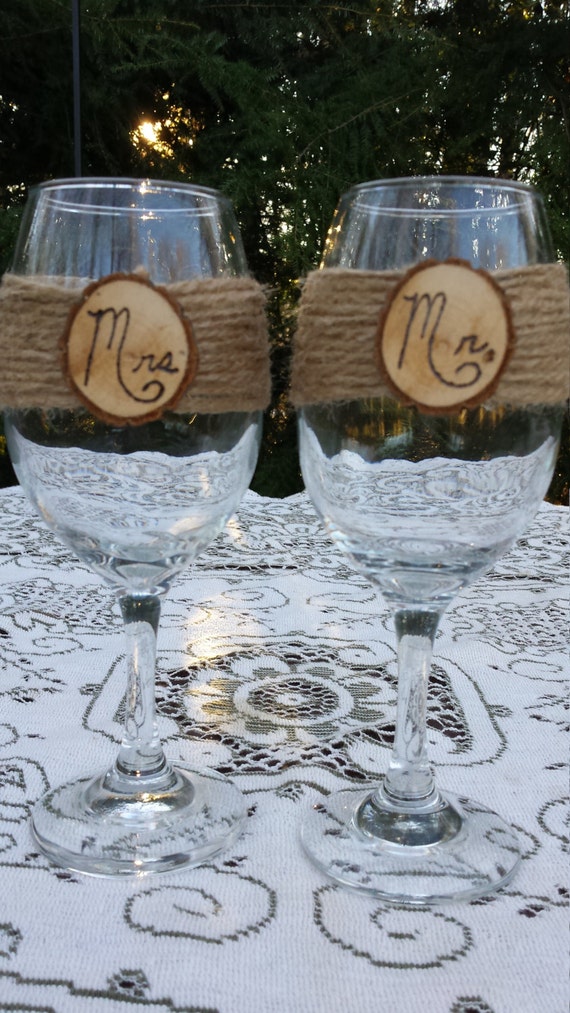 Rustic Wine Glasses Mr and Mrs Wine Glasses Rustic Wedding