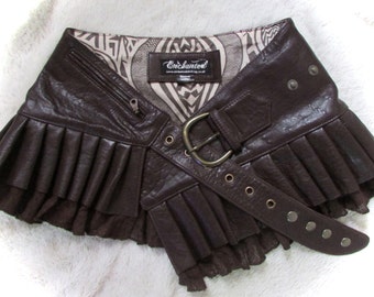 Brown leather steampunk leather mini skirt wrap around leather ruffled steampunk skirt with lace