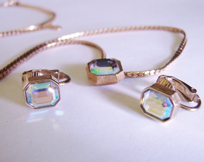 Vintage Avon Aurora Borealis Emerald Cut Glass Demi Parure / Necklace / Earrings / Retro Jewelry / Jewellery