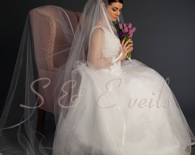 1-Tier CASCADING CATHEDRAL Veil with Satin ribbon, bridal veil, wedding veil, white, diamond white, ivory color, wedding accessories