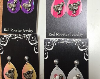 Chicken hen rooster earrings recycled gift card guitar pick shape u pick color