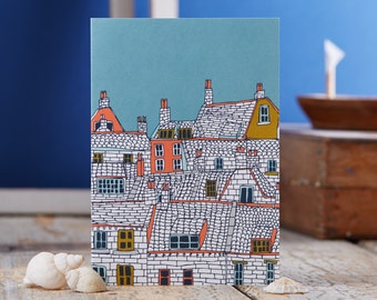 Over the Rooftops blank greetings card designed by Jessica Hogarth. Illustrative stationery showcasing drawings of coastal buildings
