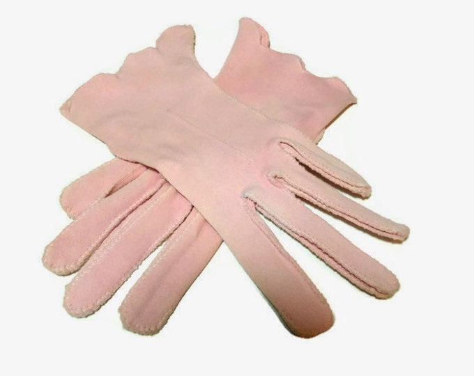 FREE SHIPPING Pink gloves, scalloped slanted edges, wrist length, size 6 1/2 or 7, decorative seam down the front