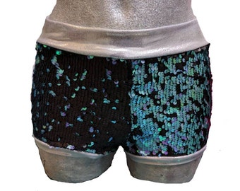 Reversible/Two Tone Sequin Hotpants Turquoise Mermaid & Matt Black