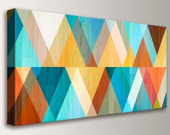 Mid Century Modern, Teal and Coral Print, Mid Century Modern Art - Canvas Decor, Geometric Art, Turquoise Orange Yellow - "Juxtaposed"