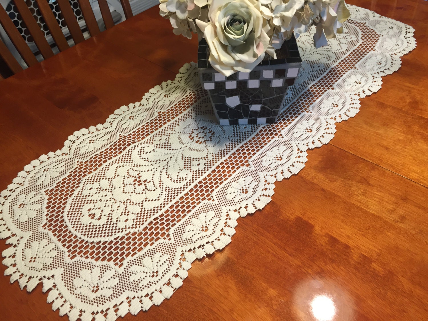 Vintage Ivory lace table runner or dresser scarf for