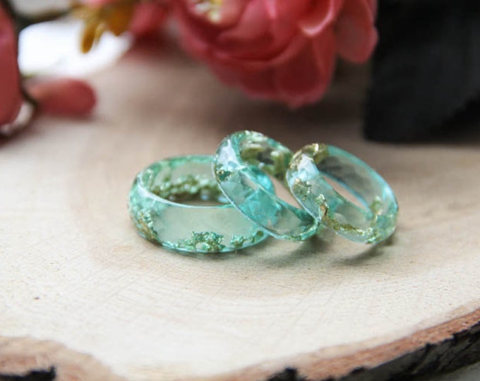 Teal Faceted Resin Ring With Golden Flakes, Transparent Resin Ring, Geometric Resin Ring, Modern Materials Ring, Unique Resin Ring