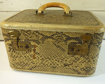 Vintage Faux Snakeskin Skyway Train Case Brown and Tan Vanity Case Luggage