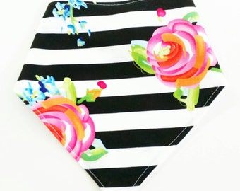 Bandana Bib Baby Girl Black and White Stripes with Floral / Coral Mint Gold / Baby Drool Bib / Baby Bandana Bib / Floral and Stripes Baby