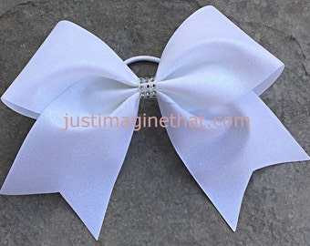 Texas Sized 3" x 7 x 7 White Glitter Cheer Bow Glitzy Shiny Solid White Grosgrain or Hot Pink, Maroon or Black