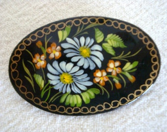 Russian Black Lacquer Floral Pin - Hand Painted Russian Brooch - Vintage Russian Brooch - Russian Pin