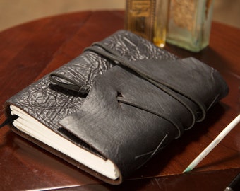 SteamPunk Leather Journal - 6x8 - Belt closure - Black - Notebook / Diary / Sketchbook