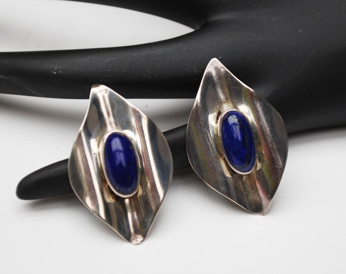 Sterling Lapis Earrings - Blue Gemstone - Silver oval Wave - southwestern pierced stud earrings